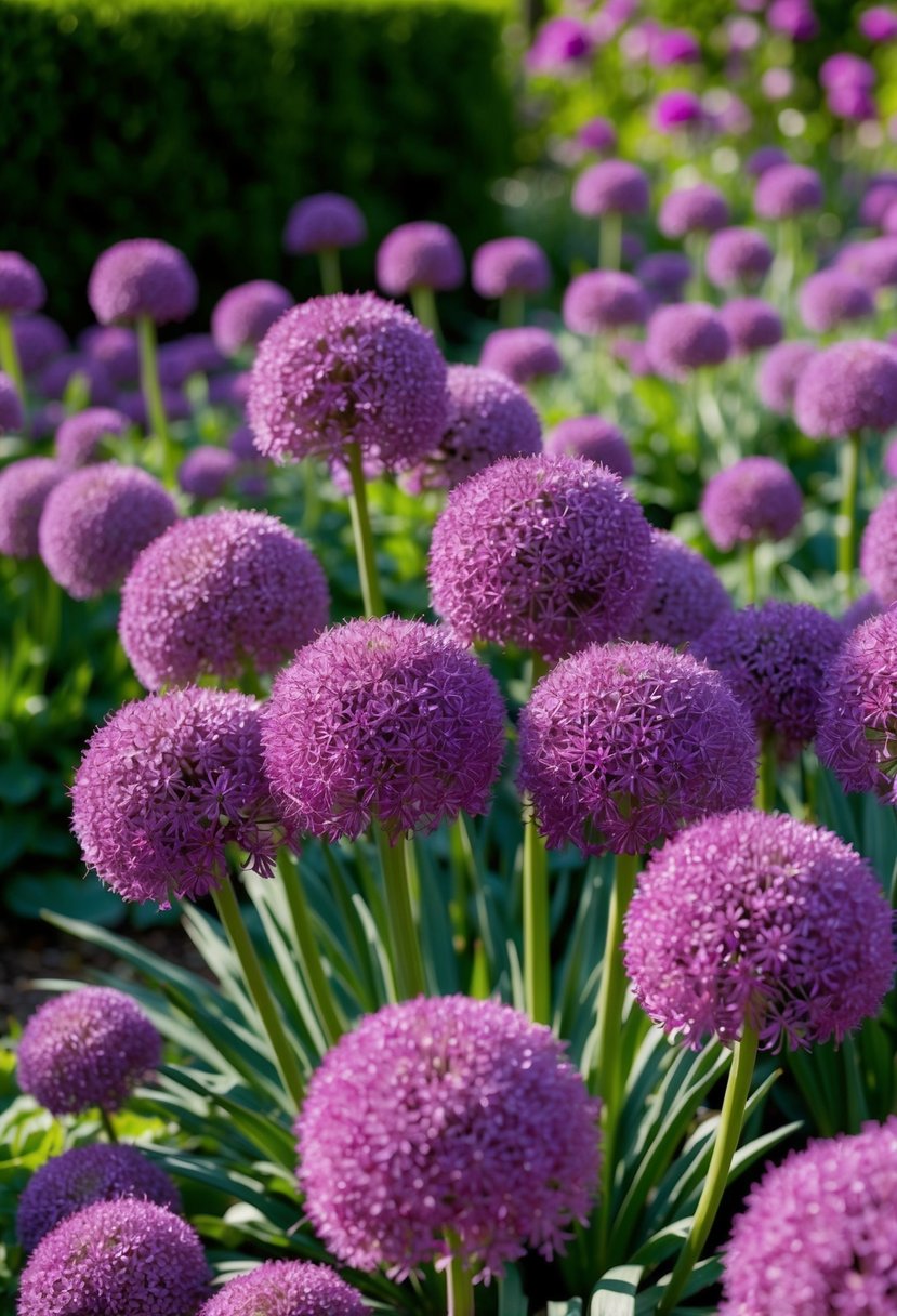 A garden filled with vibrant purple allium flowers, surrounded by grape bubblegum-colored blooms, creating a stunning display of color and texture
