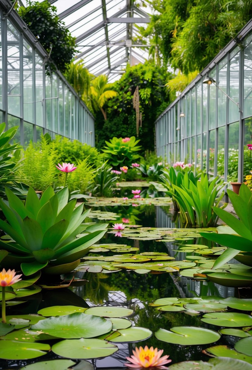 A serene pond surrounded by vibrant water lilies and lush greenery inside a series of interconnected gardens with glass greenhouses