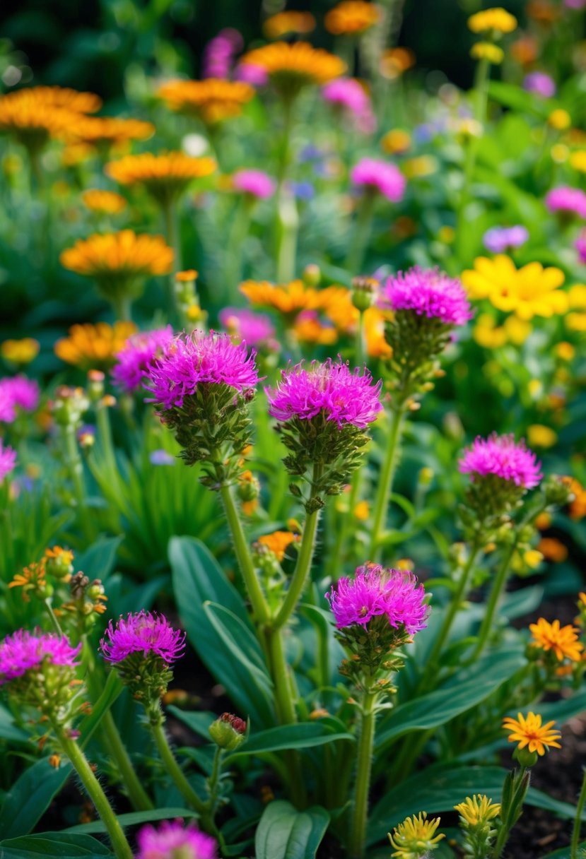 A lush garden filled with spiderwort flowers and other wild blooms, creating a vibrant and colorful display of nature's beauty