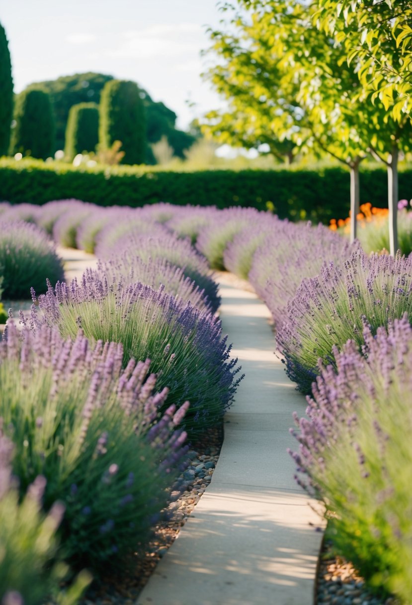 A winding pathway lined with vibrant lavender bushes leads through a lush garden landscape