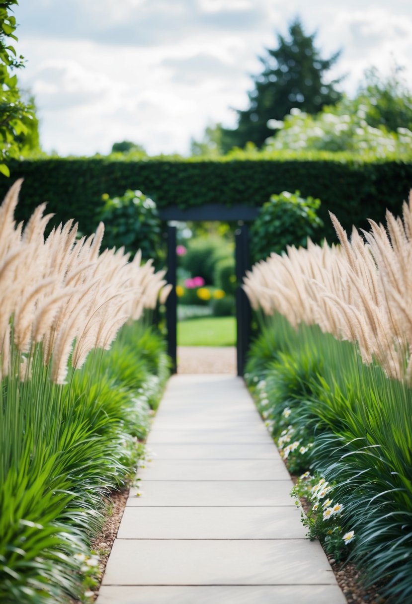A garden entrance with a border of ornamental grasses, leading to a path or gate, surrounded by lush greenery and flowers