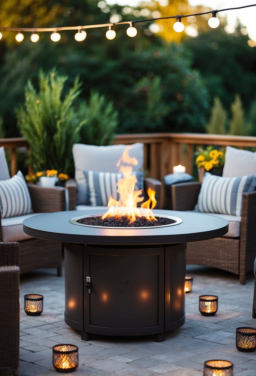 A cozy outdoor patio with a 33" gas fire pit table surrounded by 48 small fire pit ideas, creating a warm and inviting atmosphere for gatherings