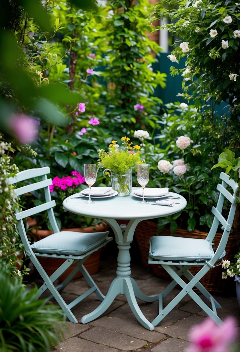 A cozy bistro table set in a charming garden nook, surrounded by lush greenery and blooming flowers