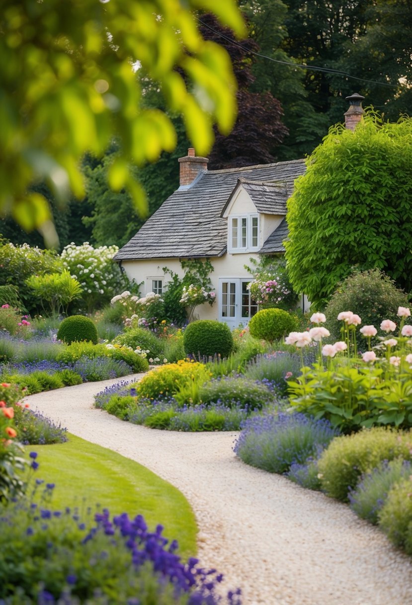 A cozy country cottage surrounded by 37 lush gardens, featuring a charming summer house nestled among blooming flowers and winding pathways