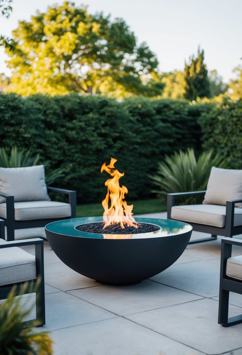 A sleek, glass-enclosed fire pit surrounded by modern outdoor furniture and lush greenery