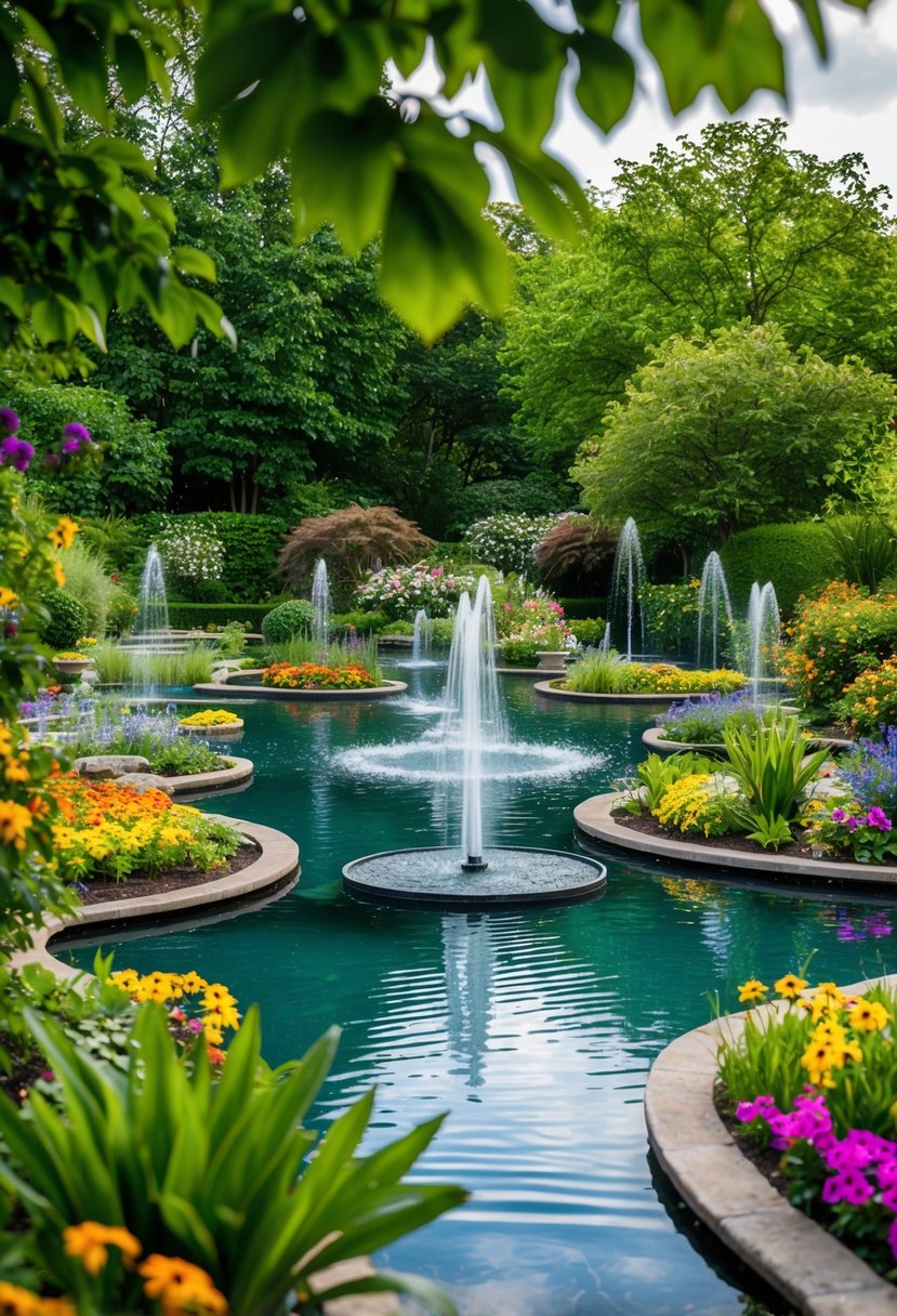 A tranquil garden with 39 water features, including fountains, ponds, and streams, surrounded by lush greenery and colorful flowers