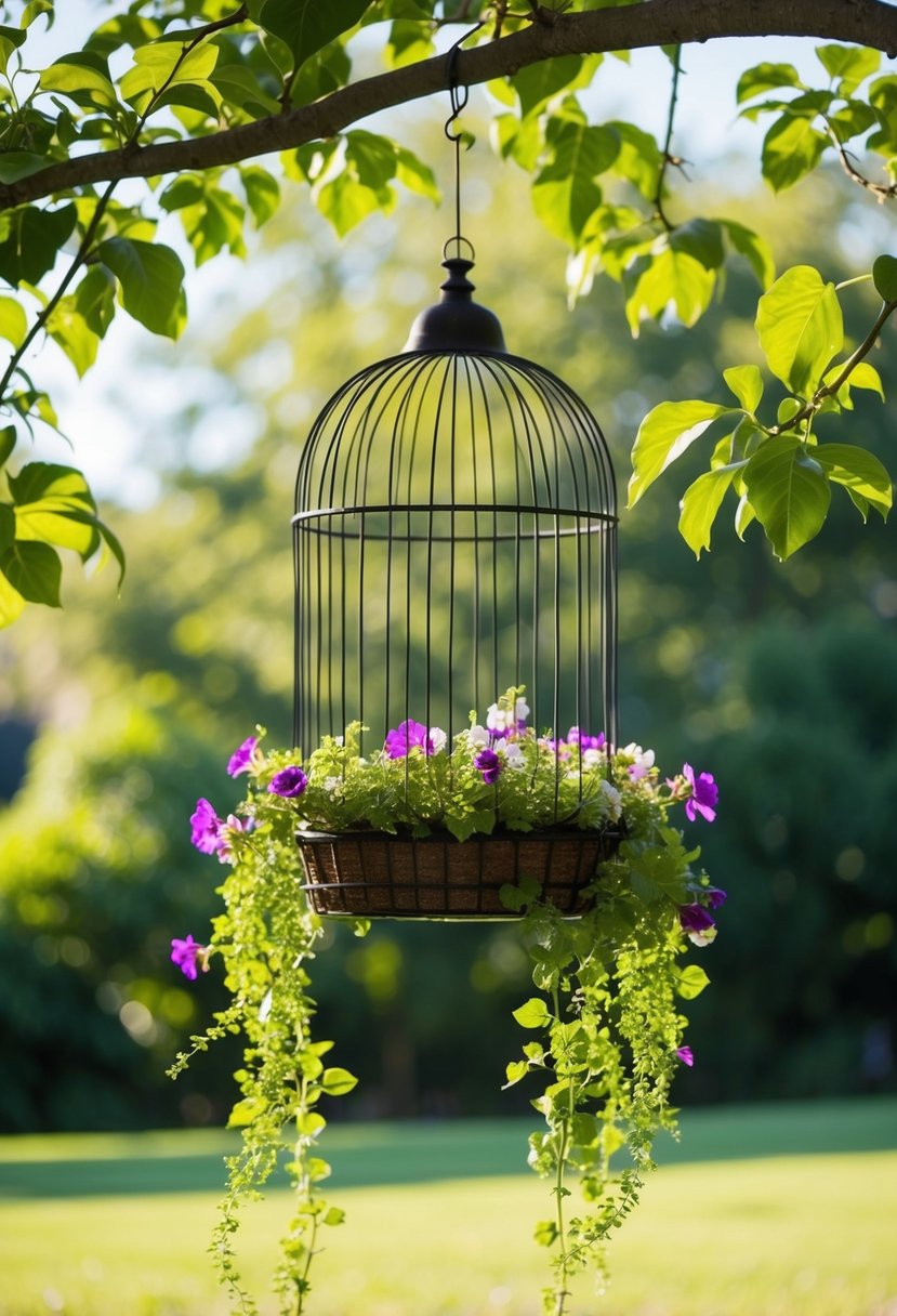 A birdcage planter hanging from a tree branch, filled with vibrant flowers and trailing greenery. Sunlight filters through the leaves, casting dappled shadows on the ground below