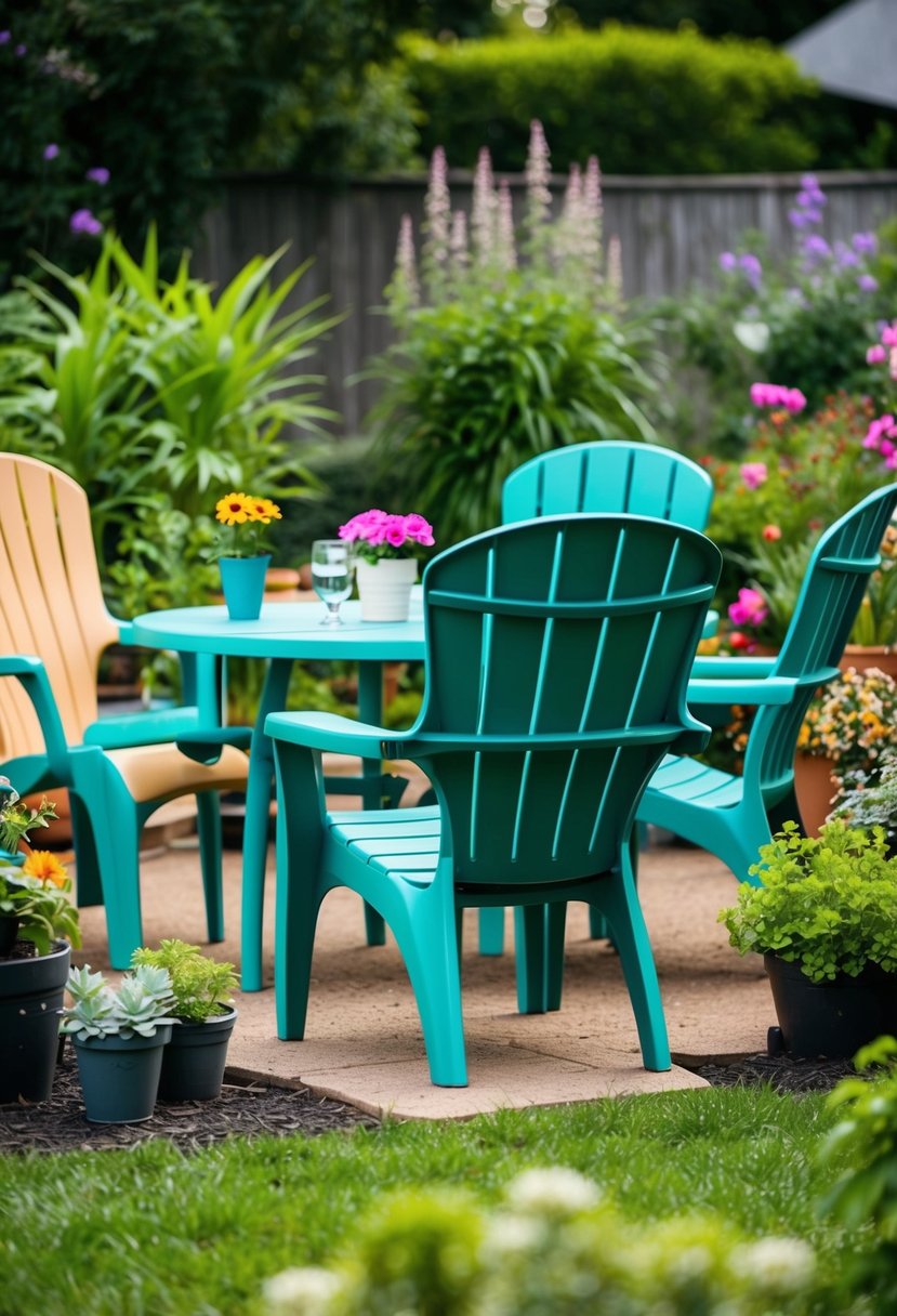 A set of plastic Adirondack chairs and a table arranged in a garden setting, surrounded by various plants and flowers