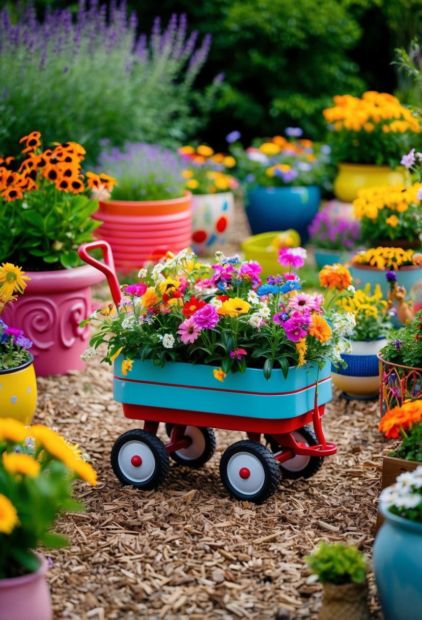 A colorful toy wagon overflowing with flowers sits in a whimsical garden bed, surrounded by various unique containers filled with vibrant blooms