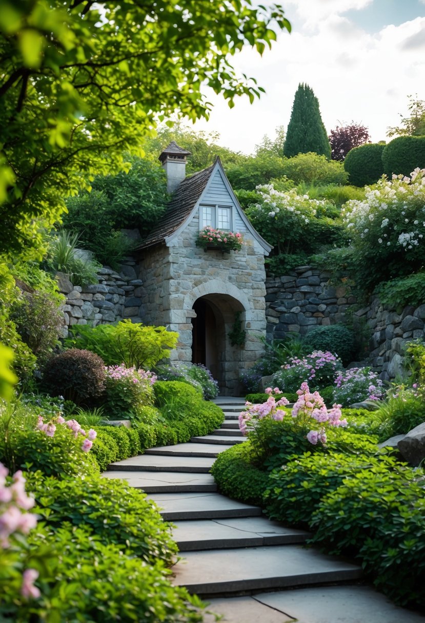 A serene stonework grotto nestled within lush gardens, featuring a charming summer house surrounded by blooming flowers and winding pathways