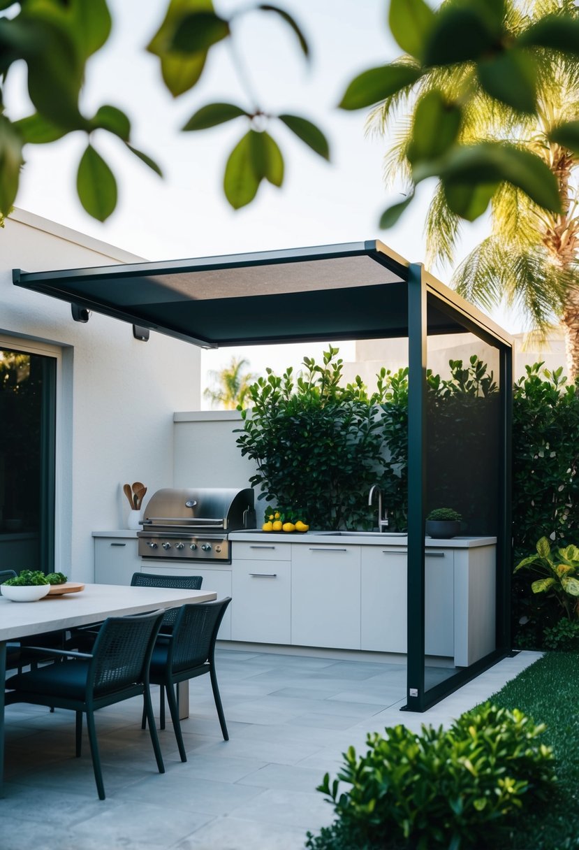 A sleek outdoor kitchen with retractable bug screen, surrounded by modern furniture and lush greenery