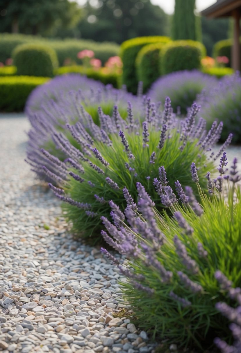 A serene Zen garden with neatly raked gravel paths, surrounded by lush lavender bushes in full bloom
