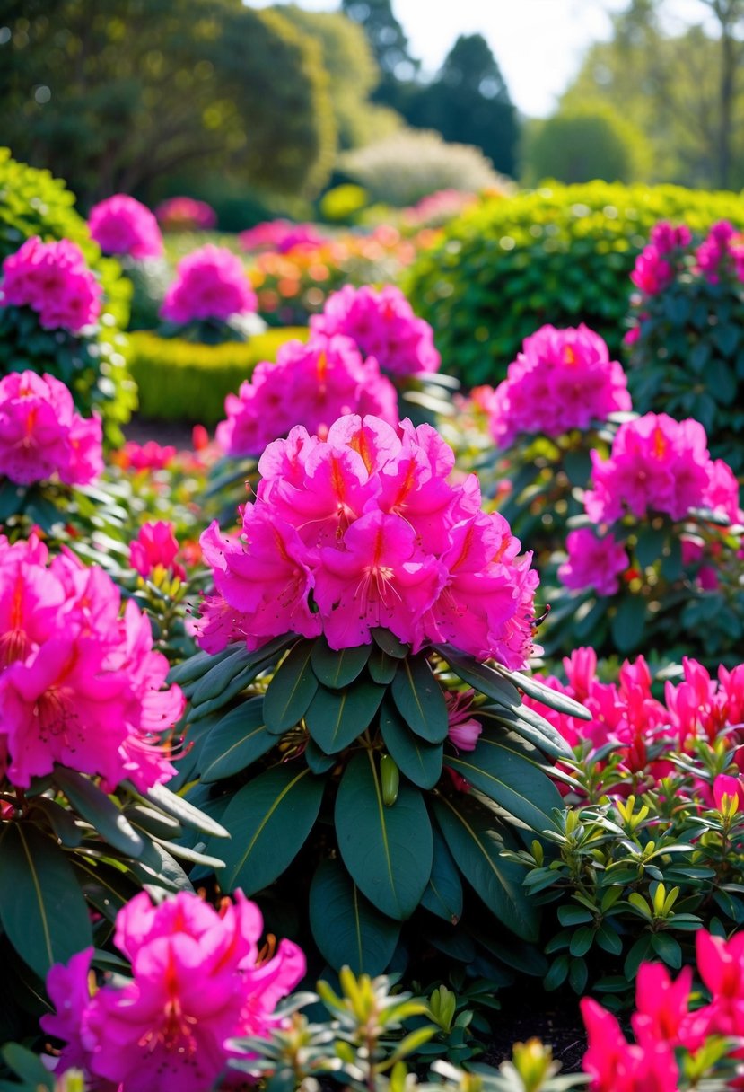 A lush garden filled with vibrant Rhododendron 'Hydon Dawn' and azaleas in full bloom, creating a colorful and picturesque landscape