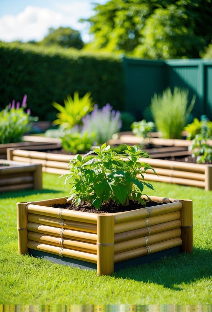 A bamboo raised planter sits in a lush garden, surrounded by other raised beds