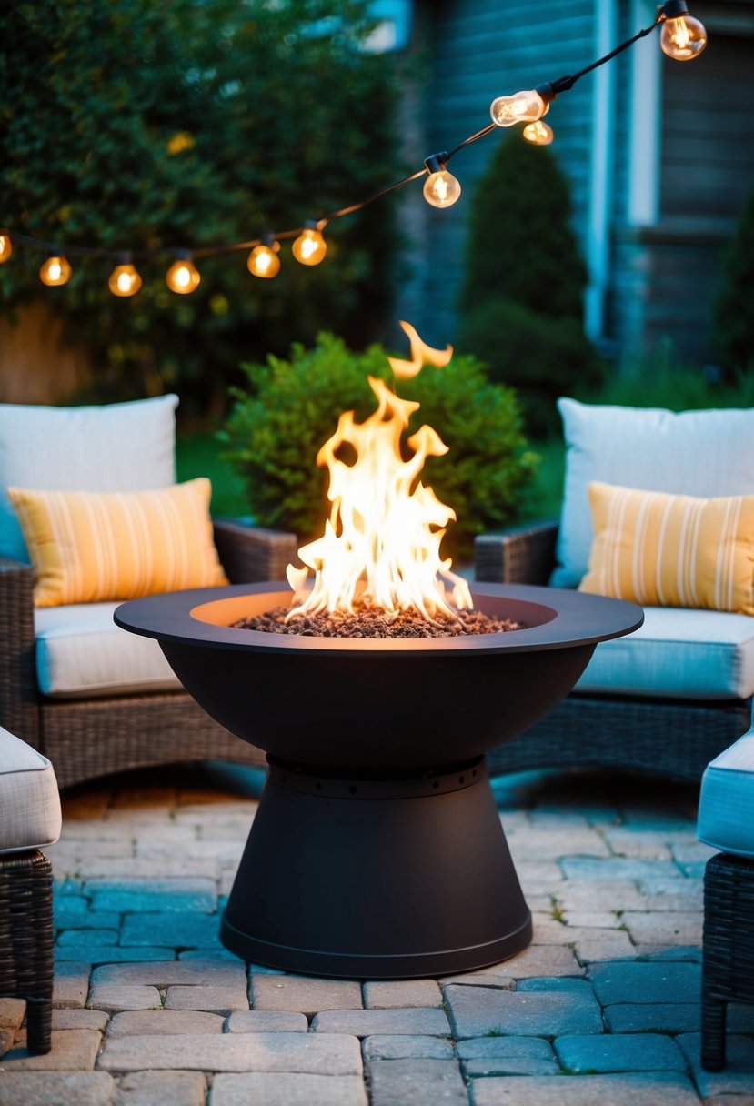 A cozy backyard with a Real Flame Anson Fire Pit as the focal point, surrounded by comfortable seating and soft ambient lighting