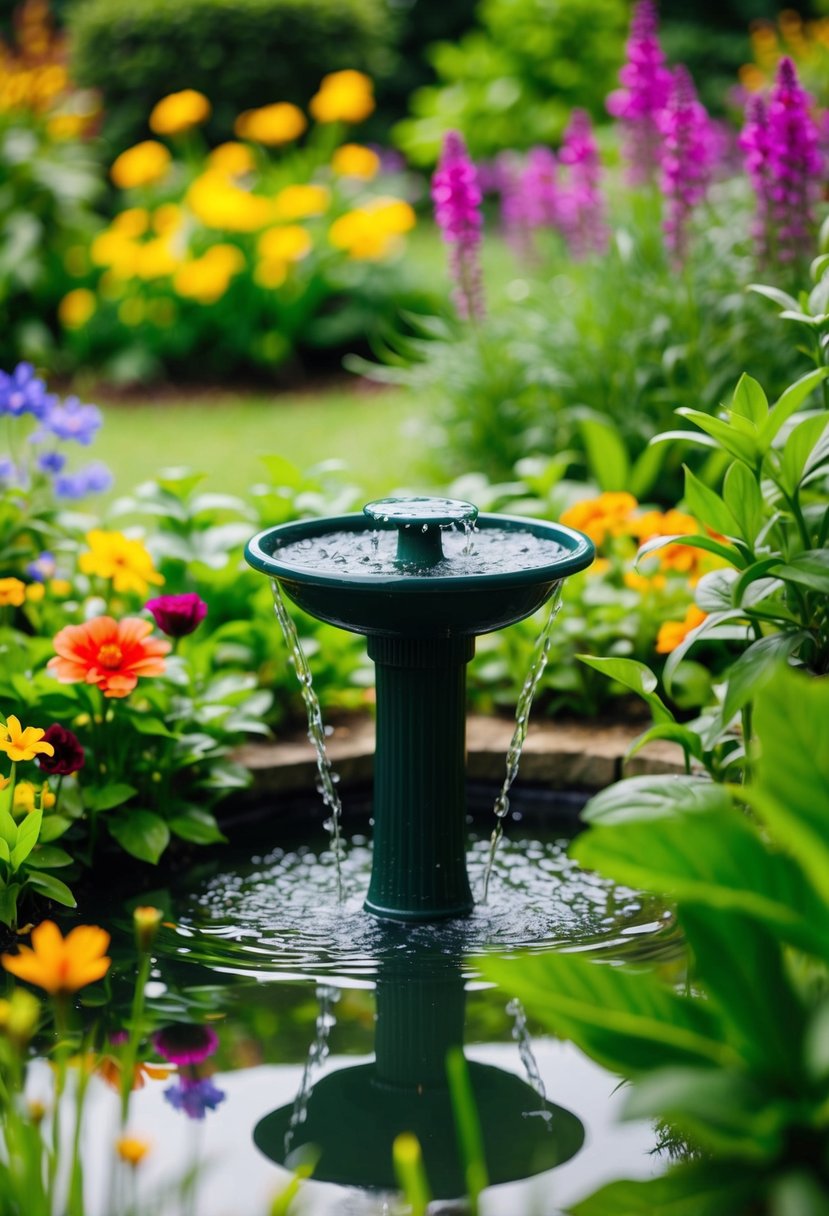 A tranquil garden pond with a fish bubbler feature surrounded by lush greenery and colorful flowers