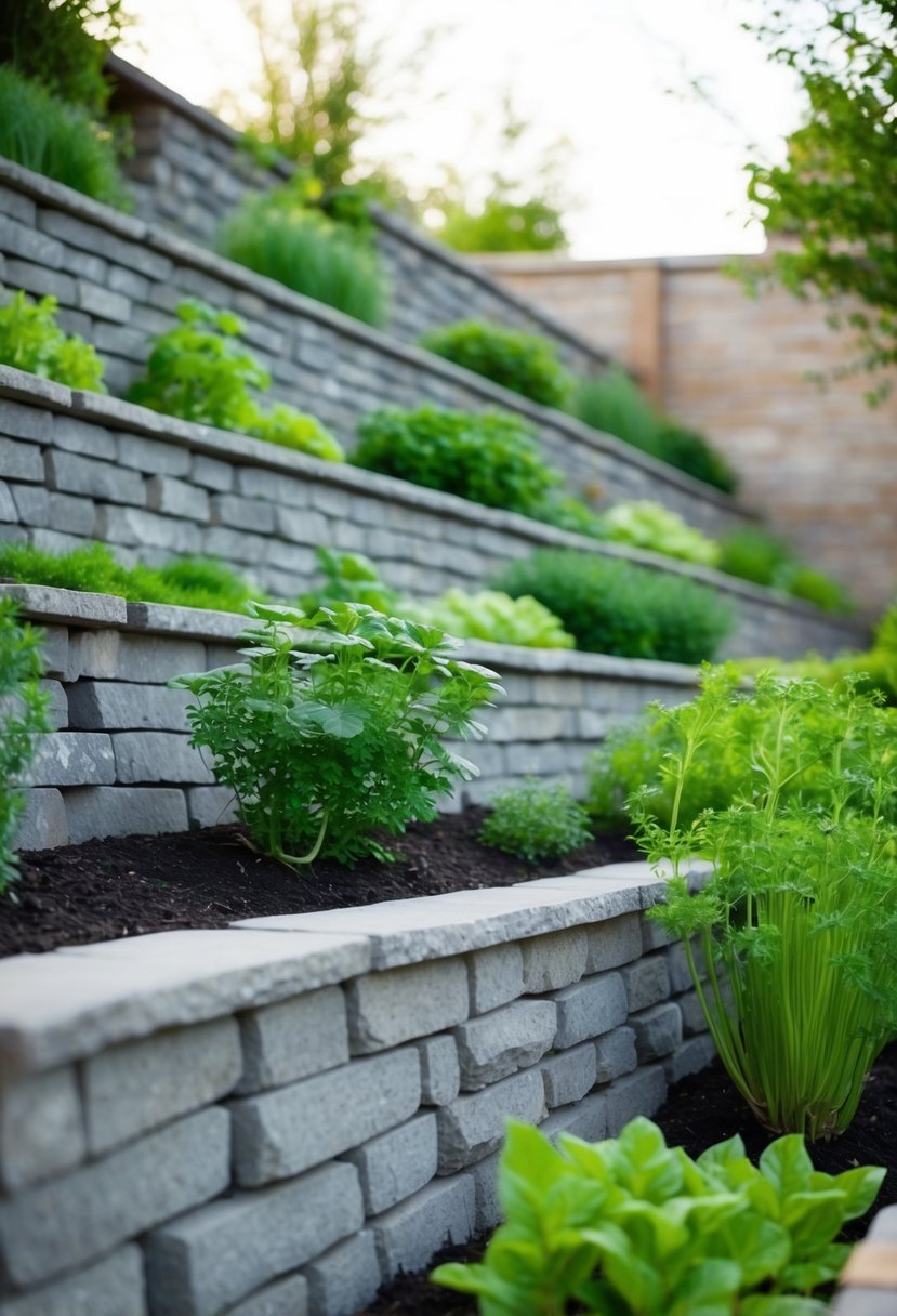 A stacked stone retaining wall surrounds a lush herb garden, with 22 separate walls creating a tiered effect