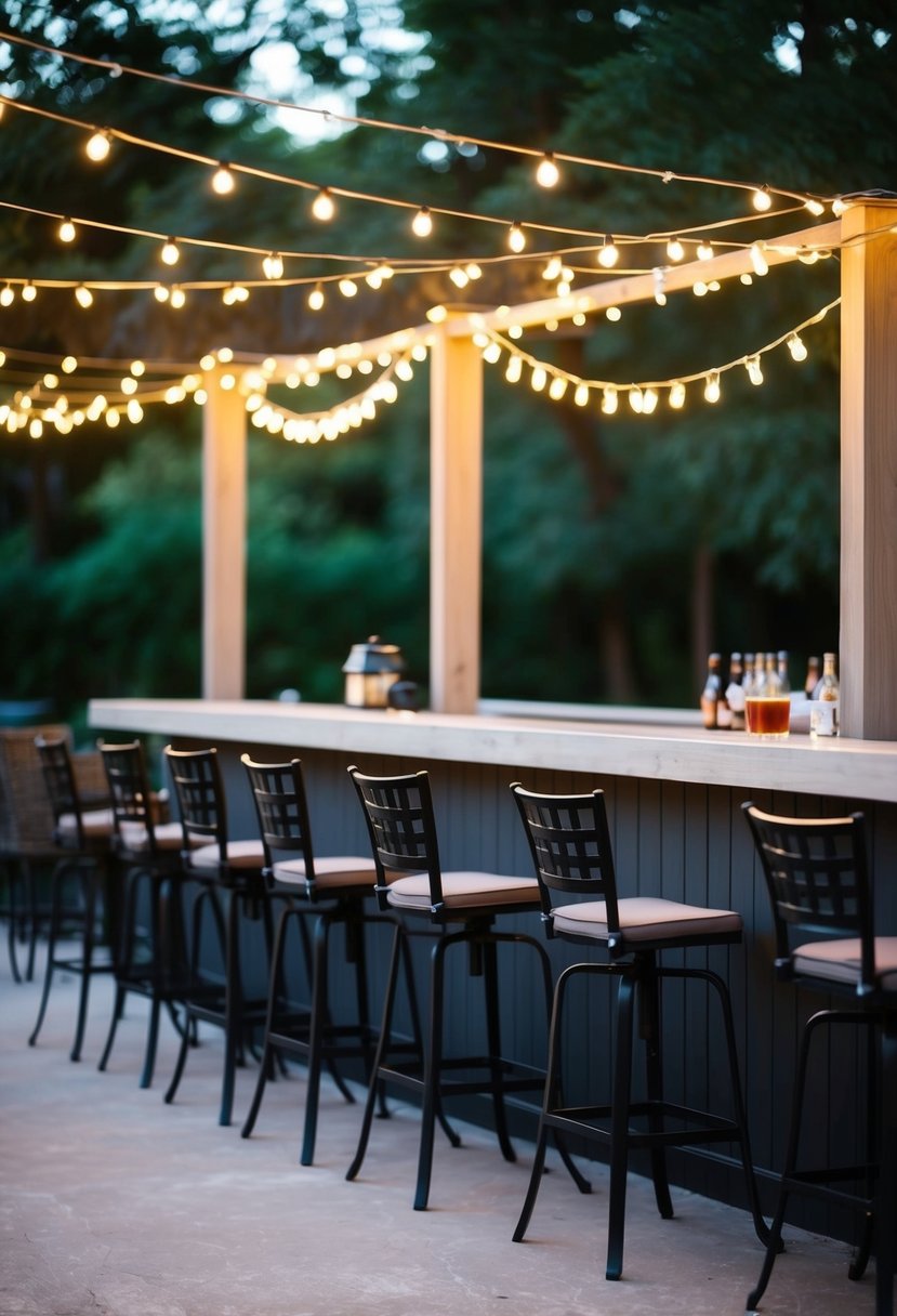 A patio bar adorned with string lights for a cozy ambiance