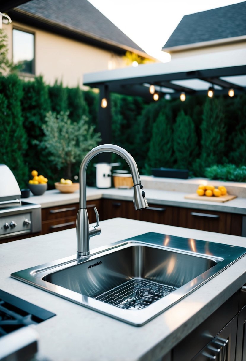 A sleek stainless steel KitchenAid sink with built-in workstation, surrounded by a modern outdoor kitchen setup with countertops and cooking appliances