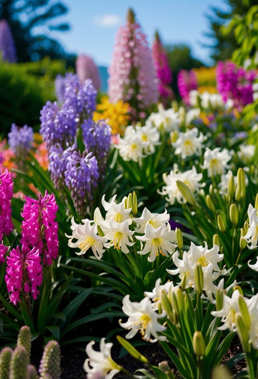 A lush garden with a variety of Agapanthus 'Bella Donna' flowers in full bloom, creating a vibrant and colorful display