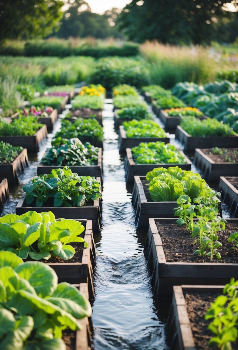 A lush edible garden with 27 plots, each irrigated by streams flowing through the produce-filled beds