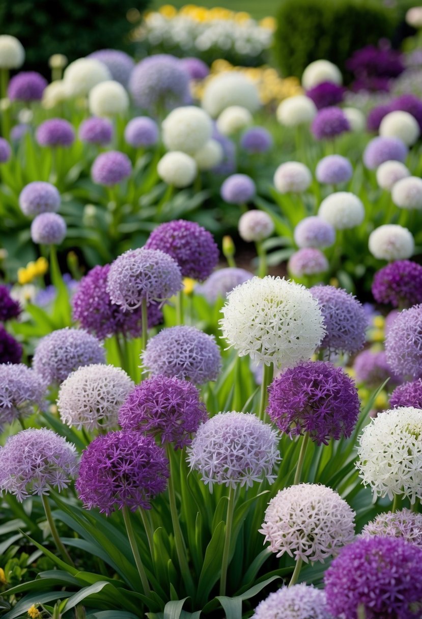 A lush garden filled with blooming silver spring alliums in various shades of purple and white, creating a beautiful and vibrant display