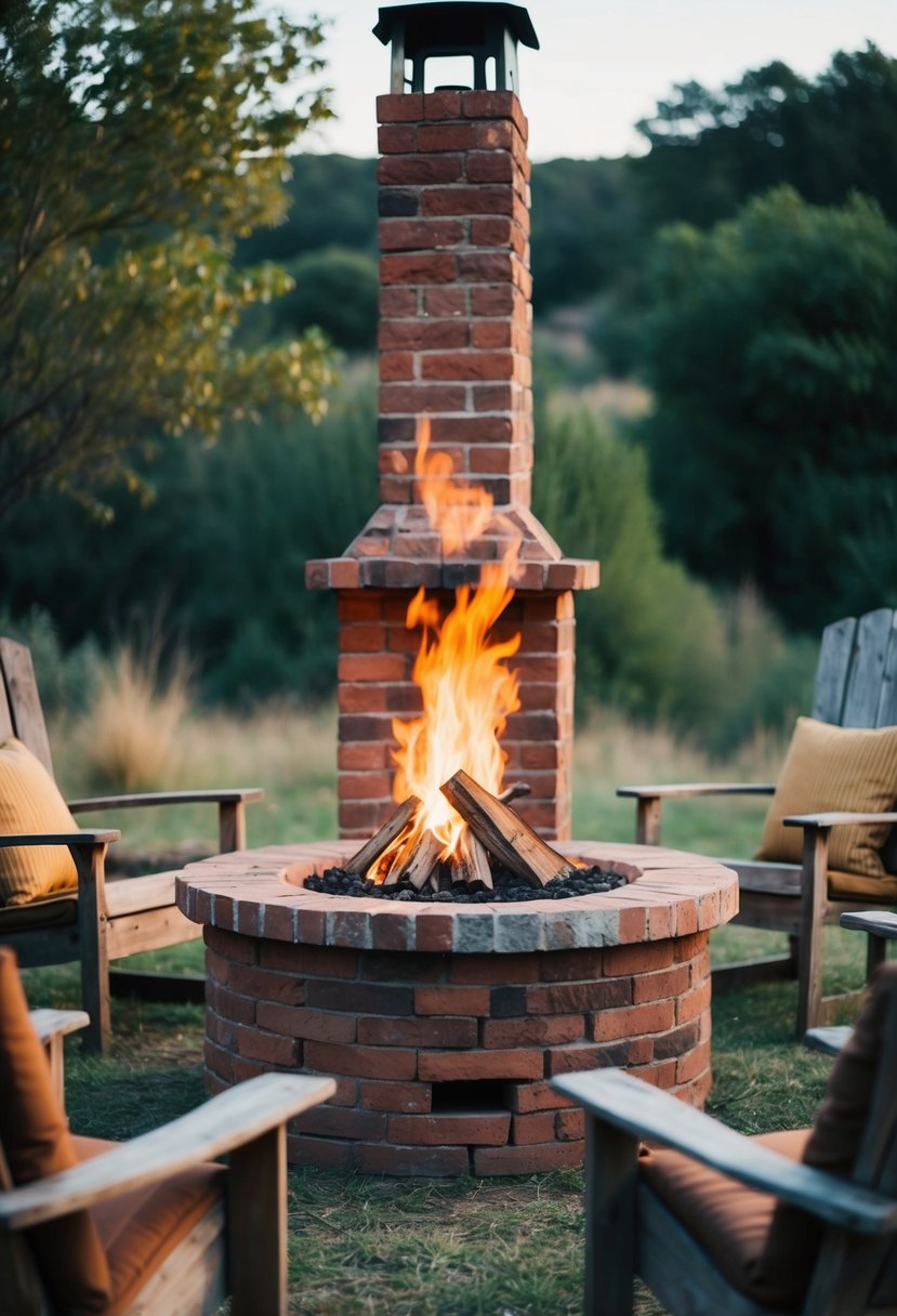 An old brick chimney fire pit surrounded by rustic outdoor seating and surrounded by a natural landscape