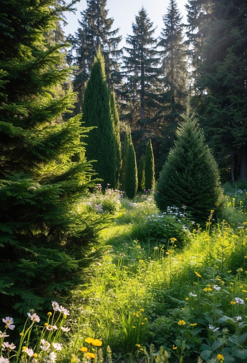 A peaceful garden filled with tall spruce trees, lush greenery, and scattered wildflowers. Sunlight filters through the branches, casting dappled shadows on the forest floor