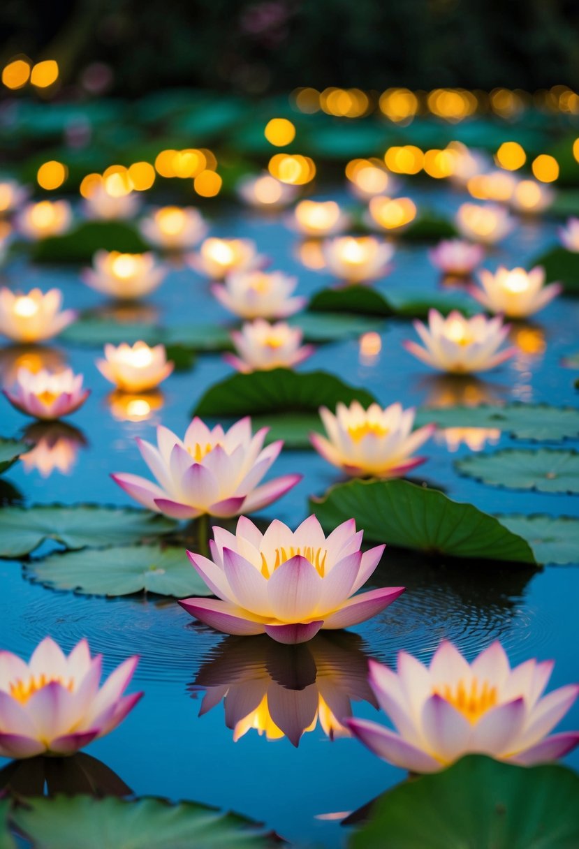 A serene lotus pond with 32 illuminated fountains, creating a tranquil and magical atmosphere