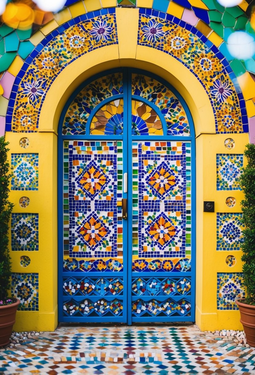 A vibrant mosaic garden gate with intricate patterns and a variety of colors, creating a visually stunning and inviting entrance