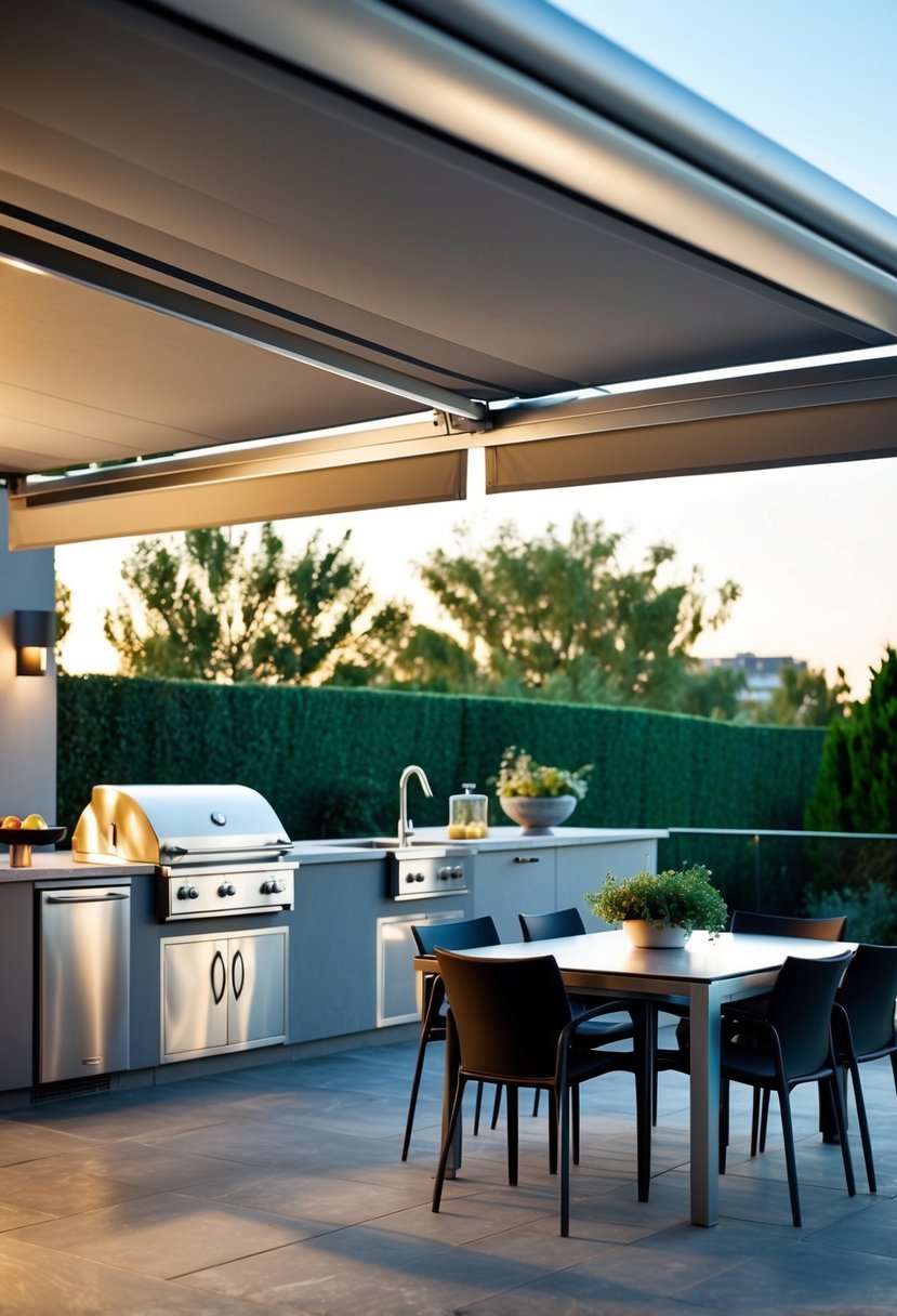 A sleek retractable awning covers a modern outdoor kitchen with stainless steel appliances and a stylish dining area