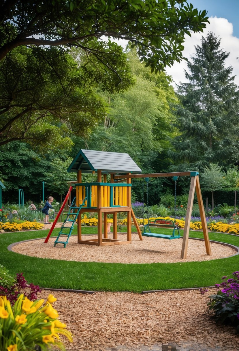 A lively swing area surrounded by 30 gardens, featuring a kids' play area in the midst of Giggle Grove