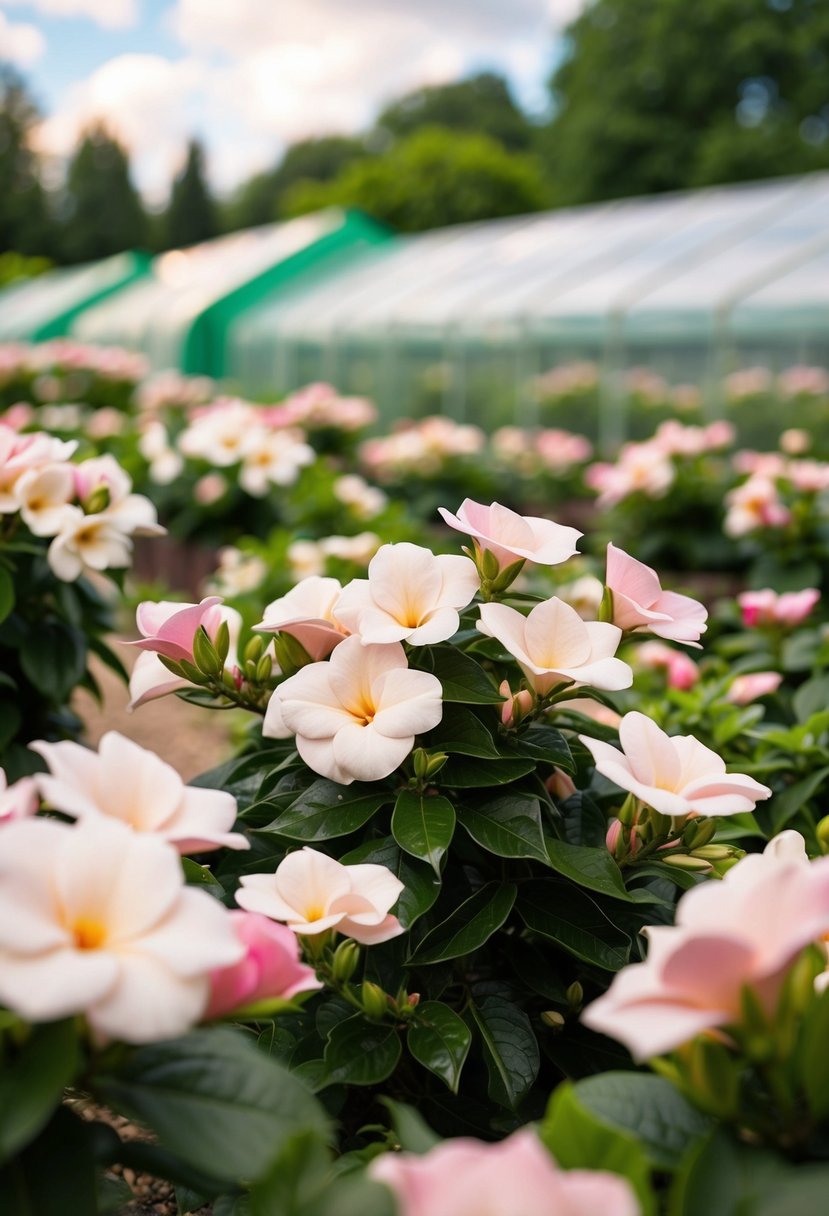 A lush garden filled with gardenia blossoms, surrounded by 28 greenhouses