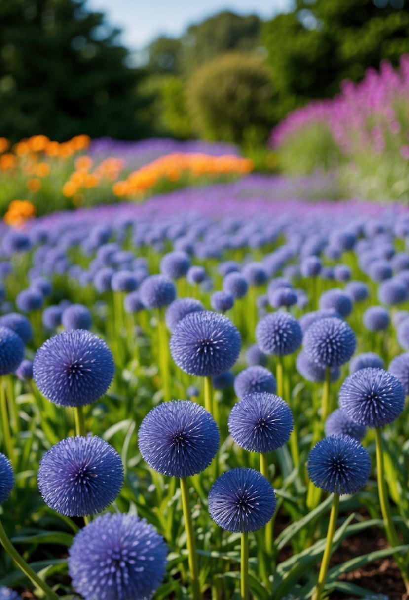 A vibrant garden filled with blue drumstick alliums, stretching across 44 acres