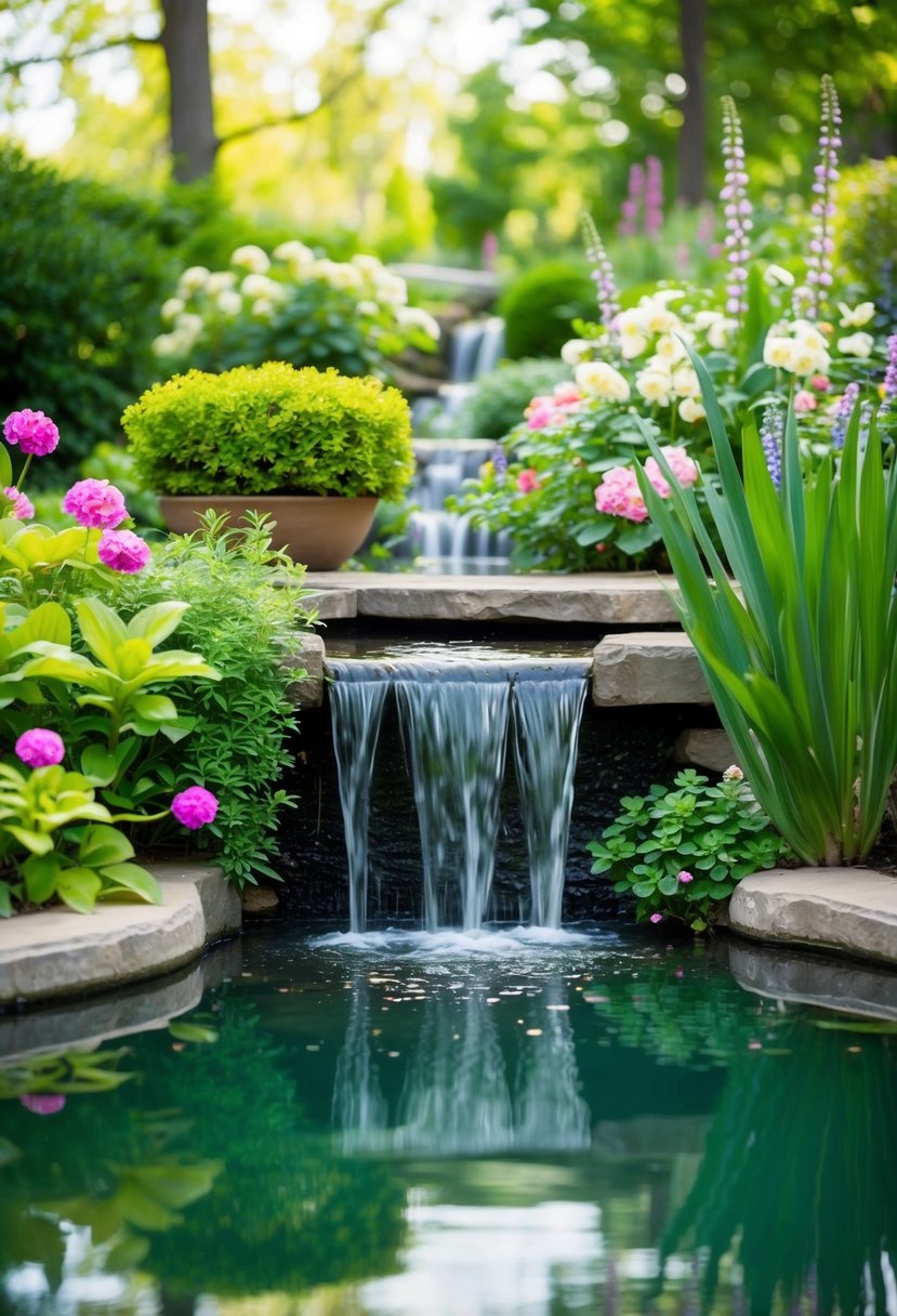 A serene garden pond with a cascading waterfall, surrounded by lush greenery and blooming flowers
