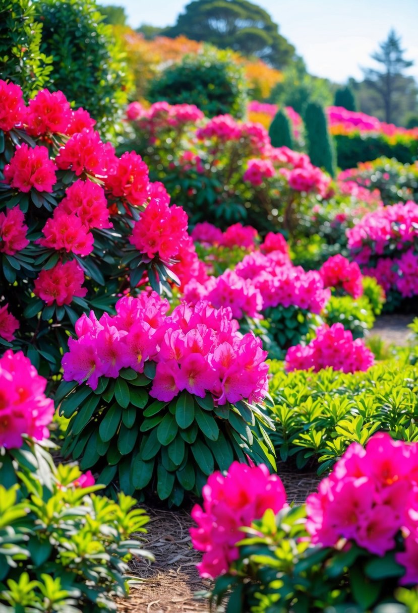 A lush garden filled with vibrant Rhododendron 'Roseum Elegans' and Azaleas in full bloom, creating a colorful and picturesque landscape