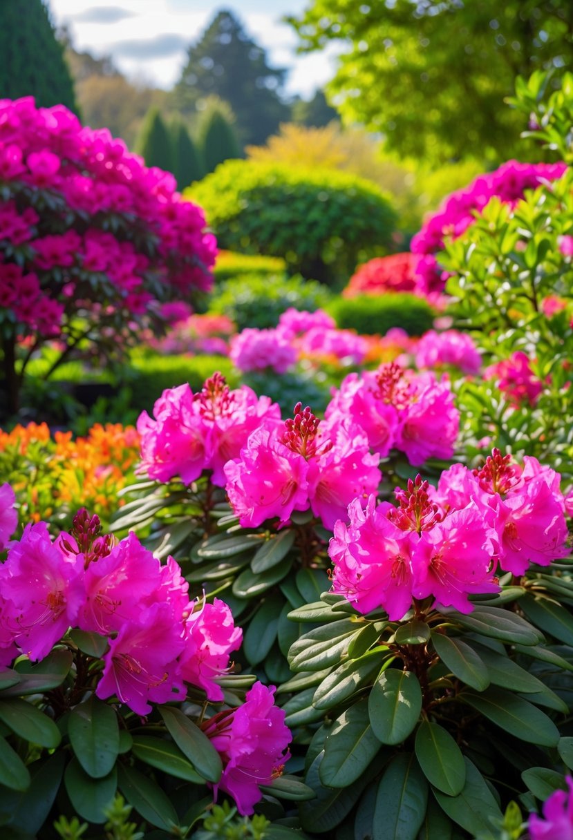 A lush garden filled with vibrant Rhododendron 'English Roseum' and azaleas in full bloom, creating a colorful and picturesque landscape