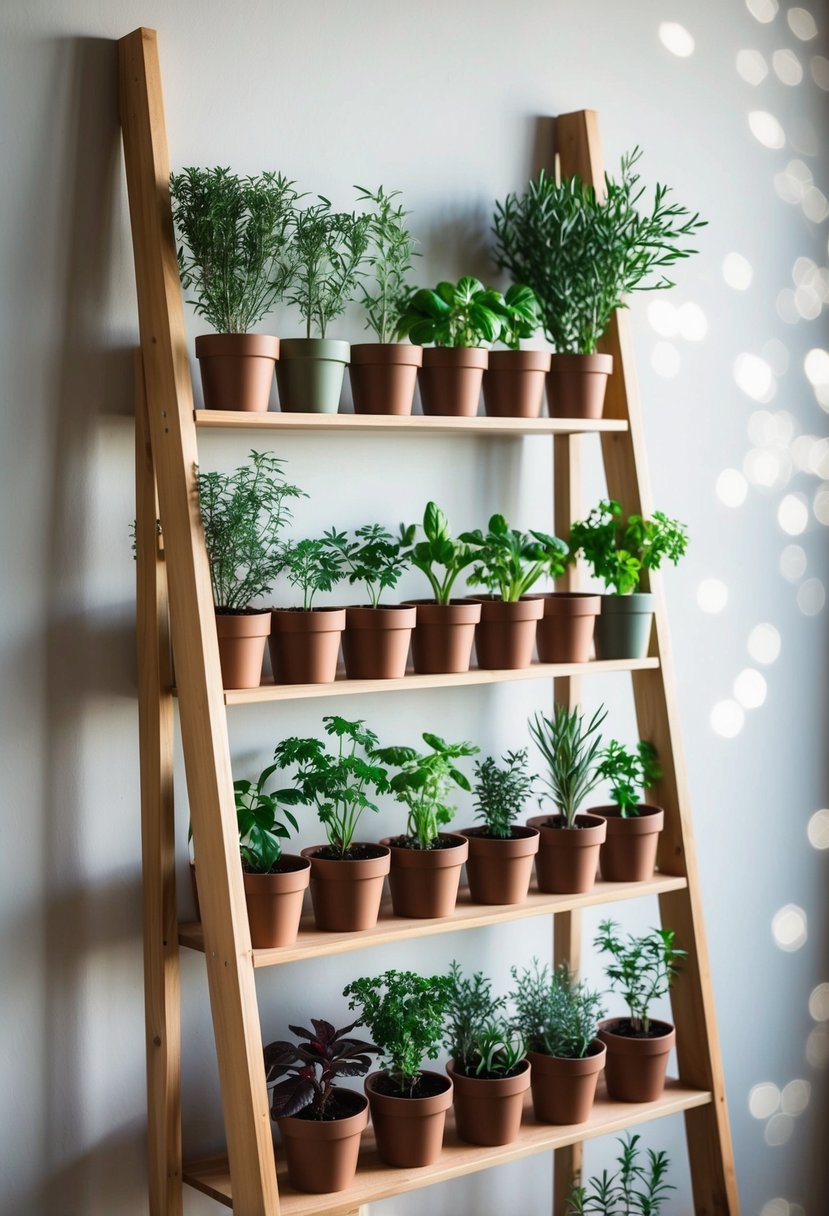 A wooden ladder shelf filled with potted herbs against a wall with 22 different types of herbs growing in small containers