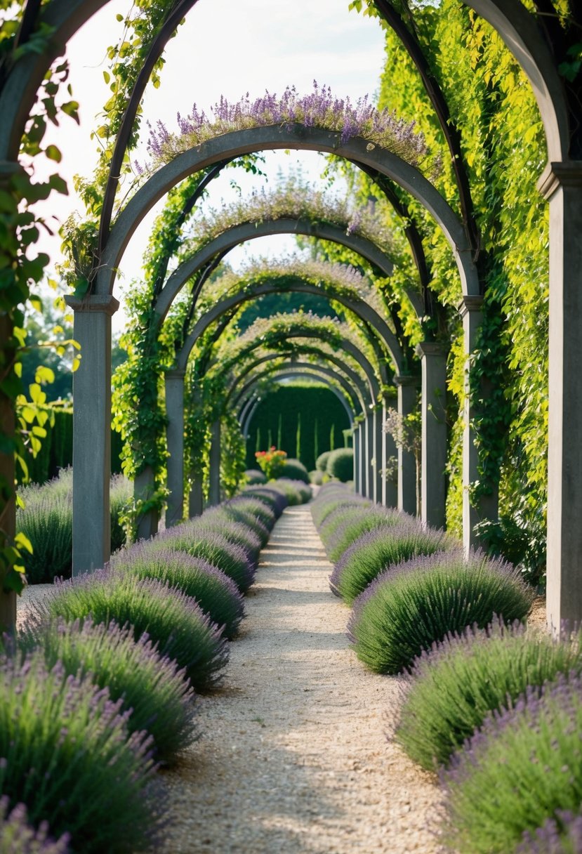 A pathway lined with lavender bushes leads through a garden filled with 32 arches covered in climbing vines and flowers