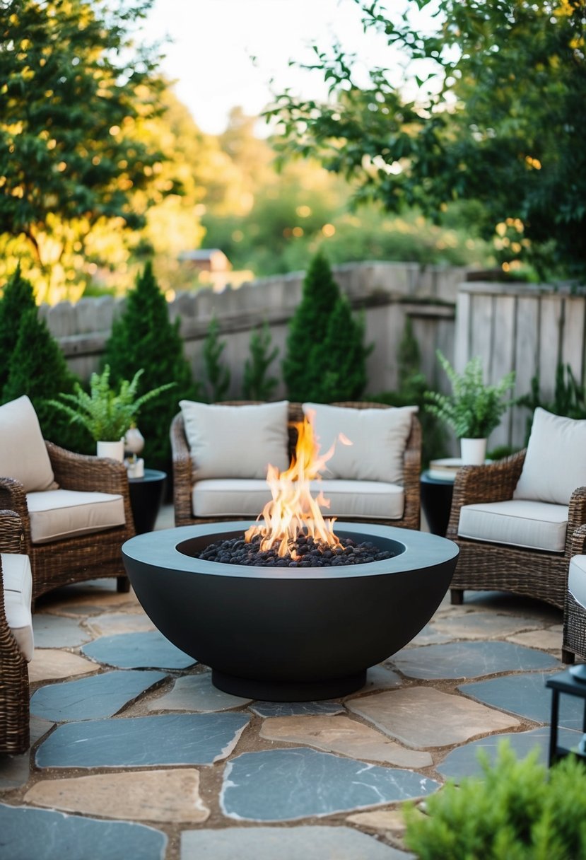 A flagstone patio with a natural fire pit surrounded by cozy seating and lush greenery
