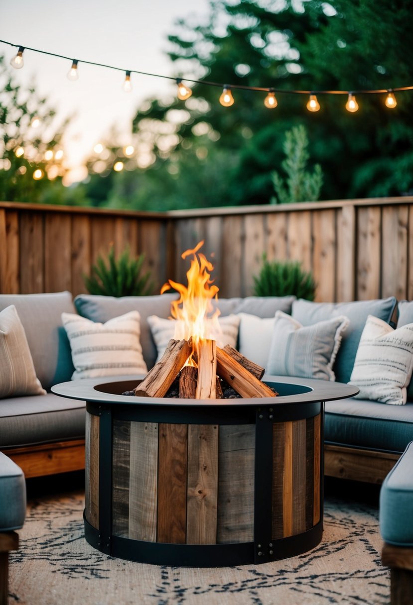 A cozy backyard with a reclaimed wood and metal fire pit surrounded by rustic seating and soft lighting