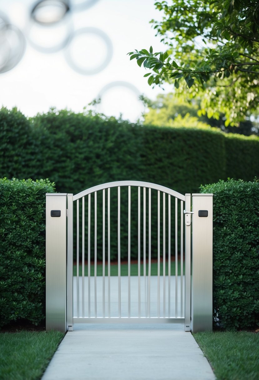 A sleek aluminum gate stands against a backdrop of lush greenery, with clean lines and minimalistic design