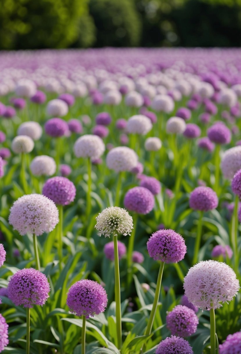 A field of ivory queen alliums stretching across 44 gardens, with vibrant purple blooms swaying in the breeze