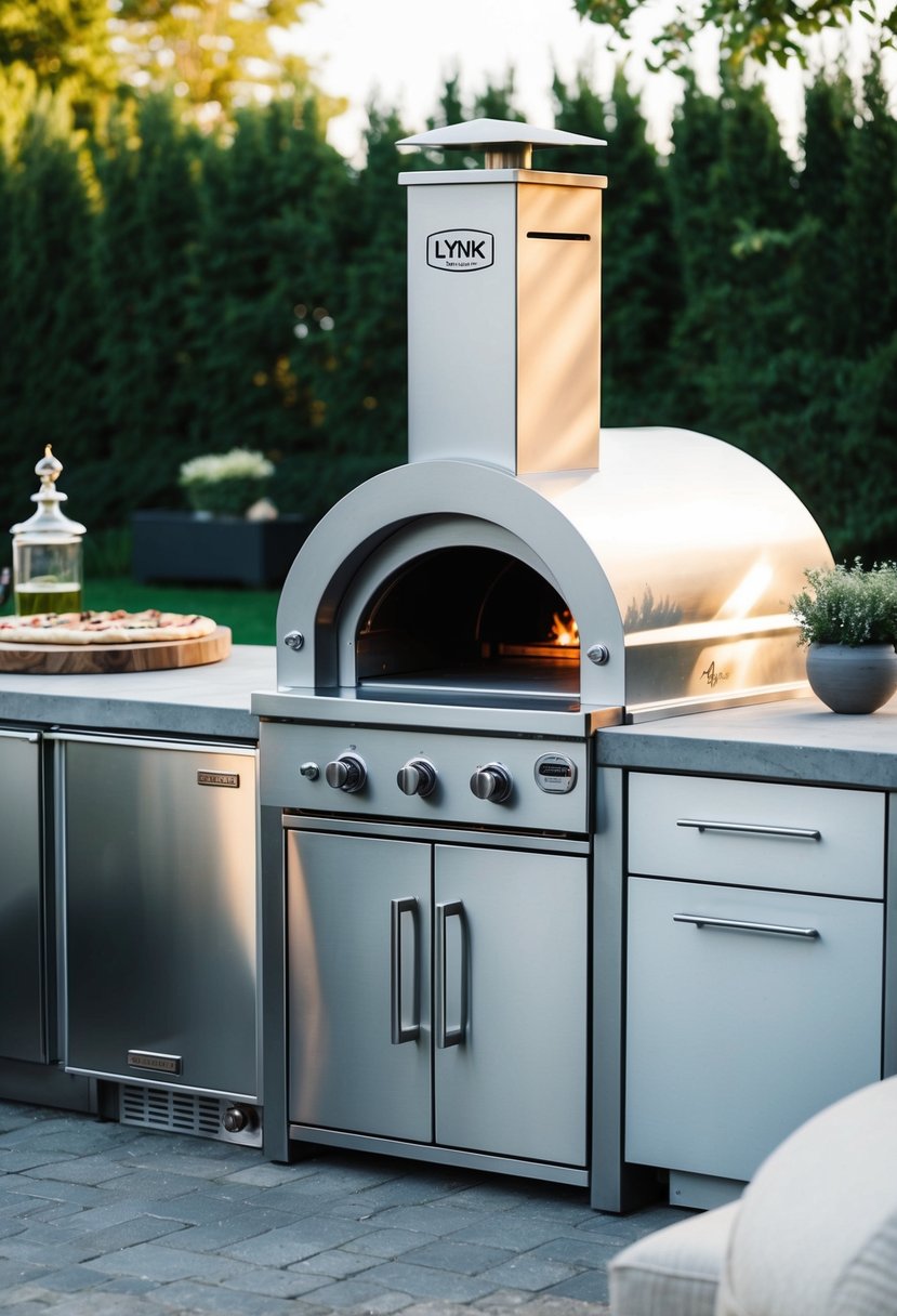 A backyard patio with a Lynx Napoli Oven 27 surrounded by a sleek outdoor kitchen setup, featuring a built-in pizza oven and modern design elements