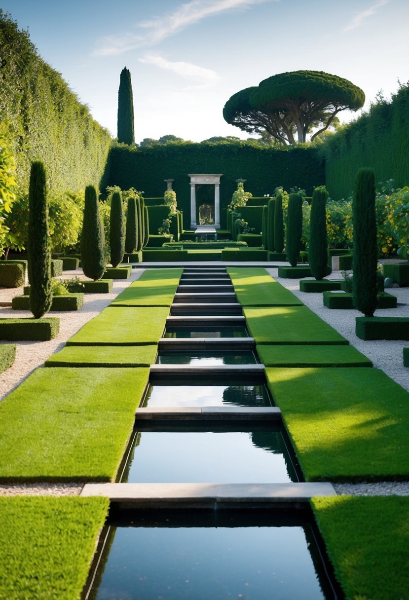 A lush Italian Renaissance garden with geometric water pathways and 27 gardens with streams