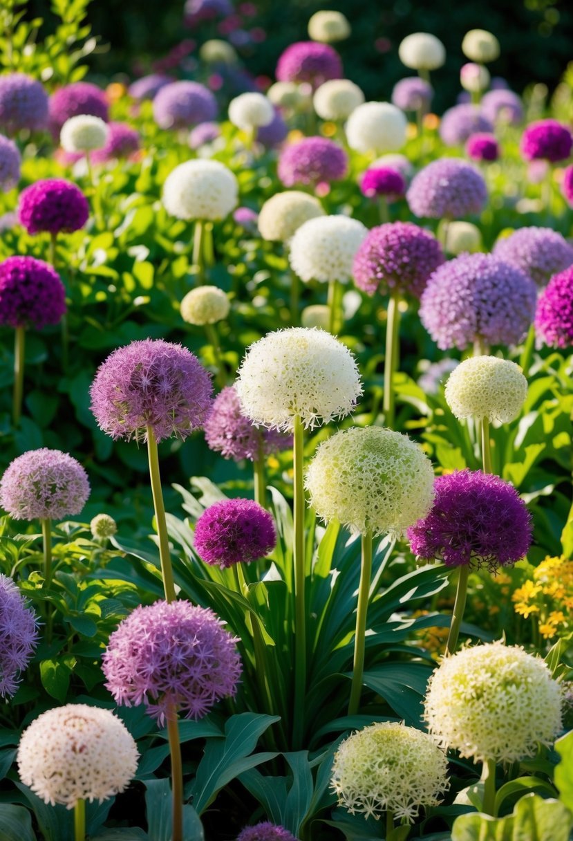 A lush garden filled with vibrant allium flowers in various shades of purple and white, surrounded by green foliage and bathed in warm summer sunlight