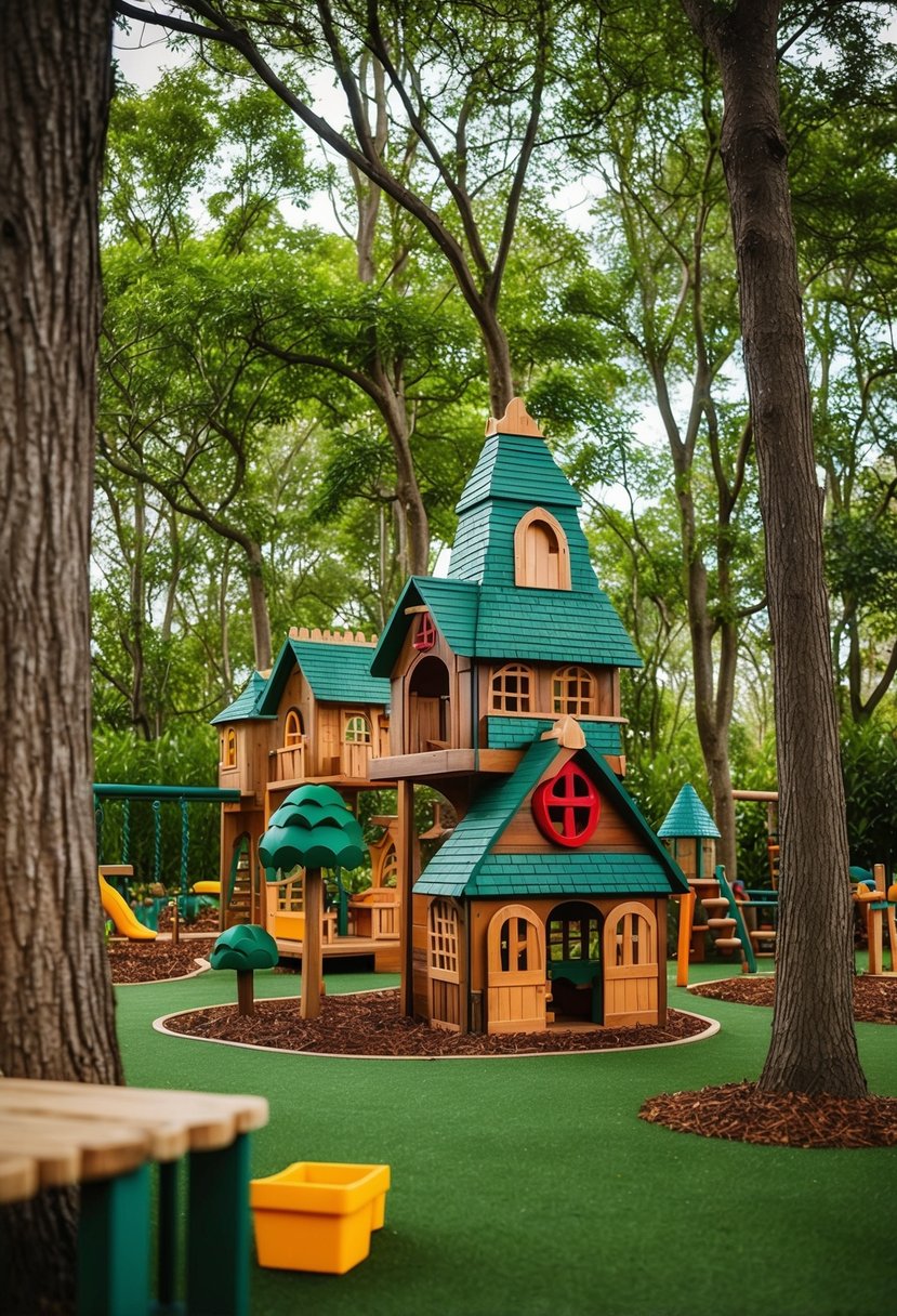 A treetop village play set with 30 gardens and a kids play area nestled among the trees
