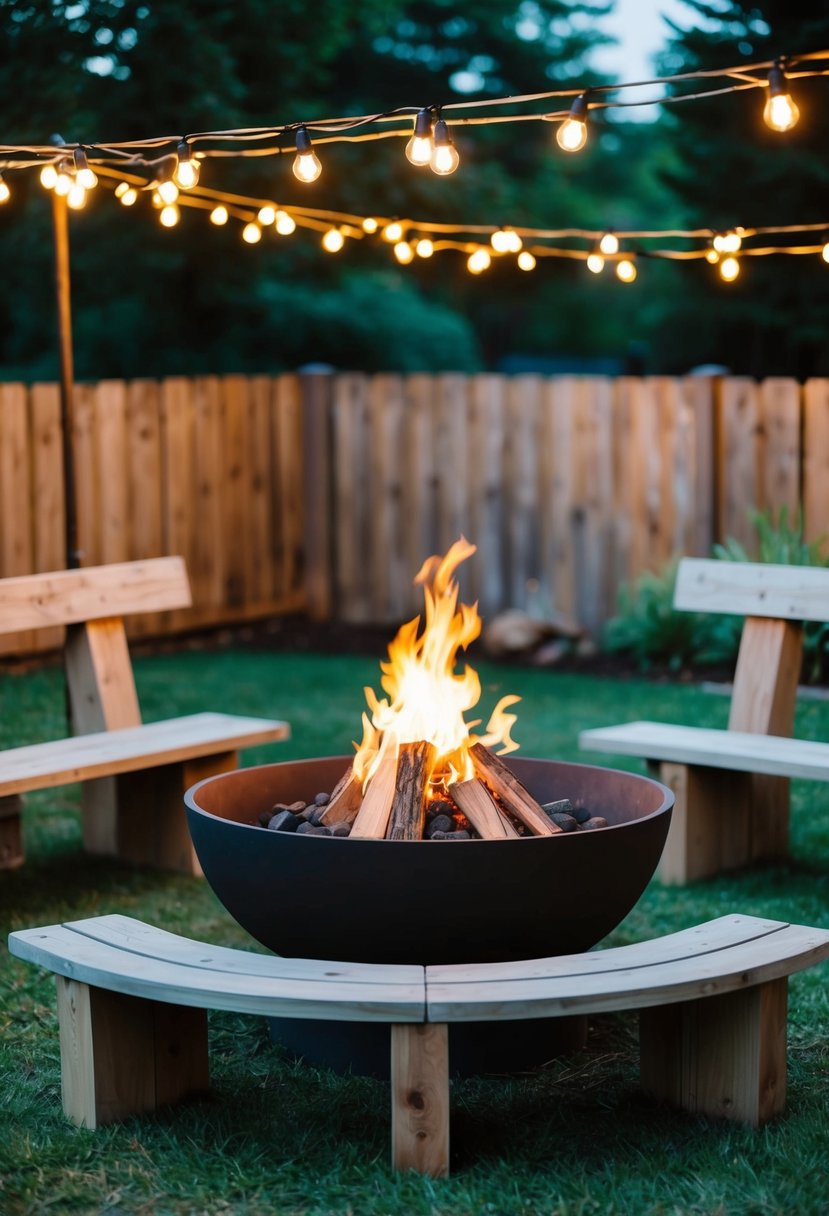 A cozy fire pit surrounded by wooden benches, nestled in a rustic backyard setting with string lights overhead