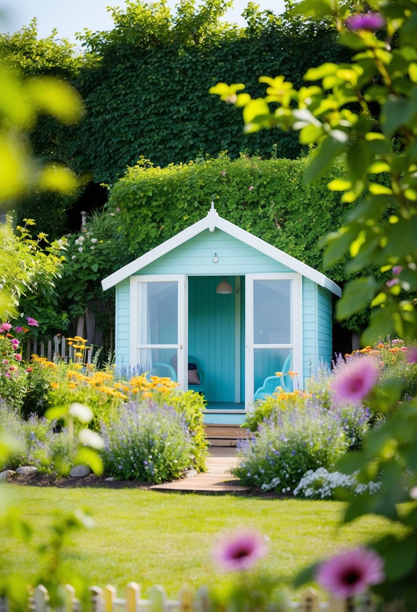 A beach hut nestled in a garden with a summer house, surrounded by lush greenery and colorful flowers