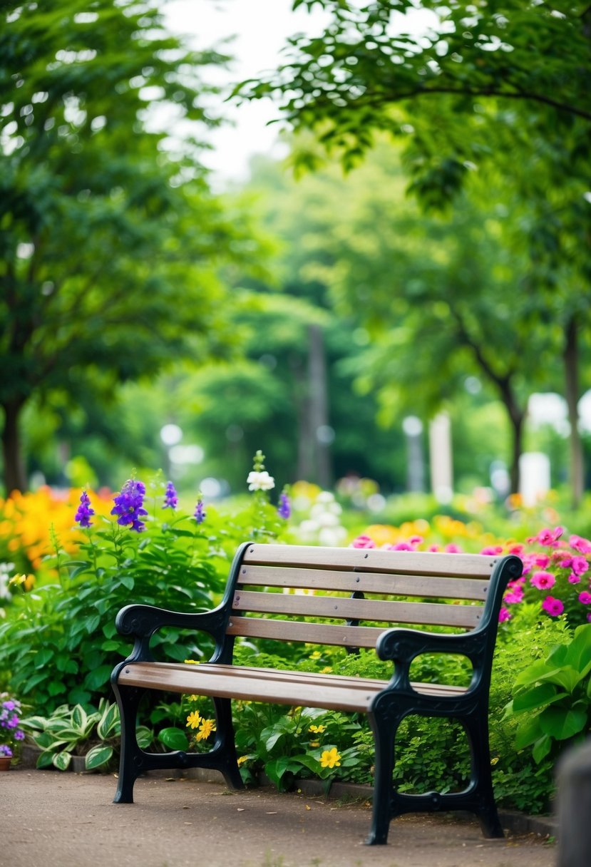 A wooden park bench surrounded by lush greenery and colorful flowers, with a serene and peaceful atmosphere